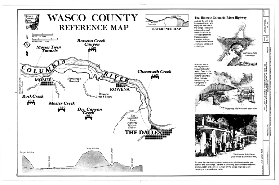 Edificio storico della stazione lungo la Historic Columbia River Highway a Troutdale, Oregon, come disegno tecnico