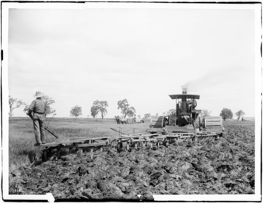 Antica locomotiva a vapore per aratura in un campo presso Hanford nella contea di Kings, California