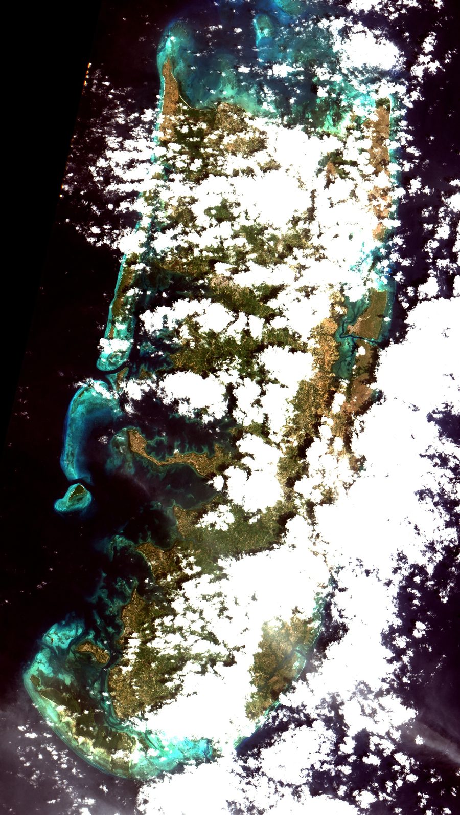 Veduta aerea della parte meridionale dell'isola di Pemba, in Tanzania, con mangrovie, acque basse e l'Oceano Indiano.