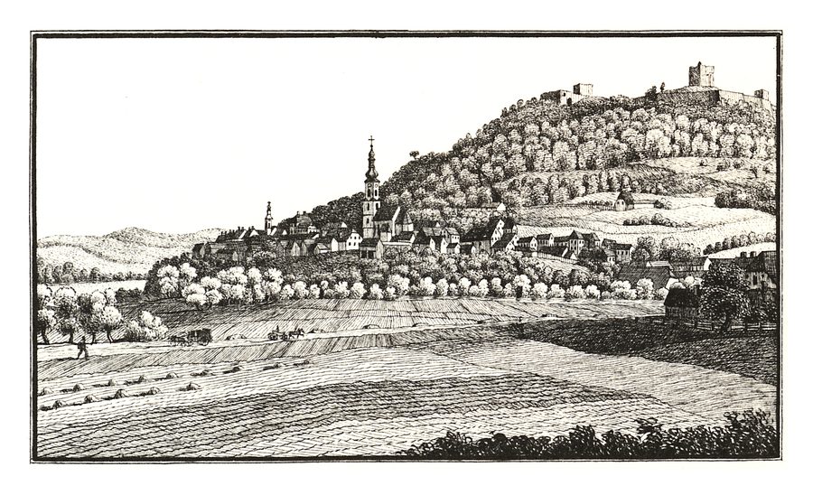 Veduta storica di Wildon con le rovine di Oberwildon sullo Schlossberg