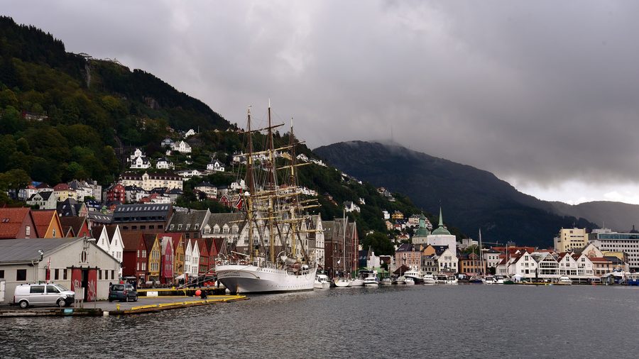Le storiche case in legno di Bryggen sul bacino portuale Vågen a Bergen.
