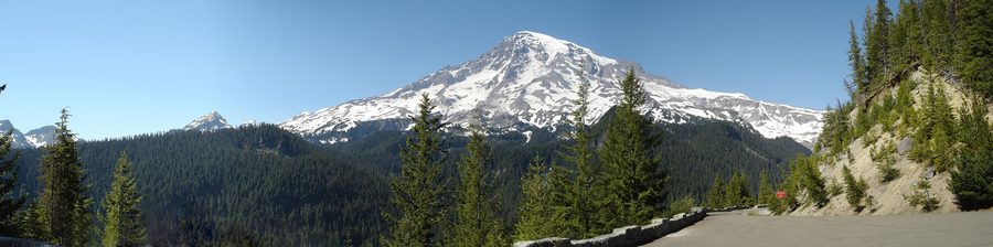 Vista panoramica del versante sud del Monte Rainier con neve e ghiaccio sopra il paesaggio boscoso.