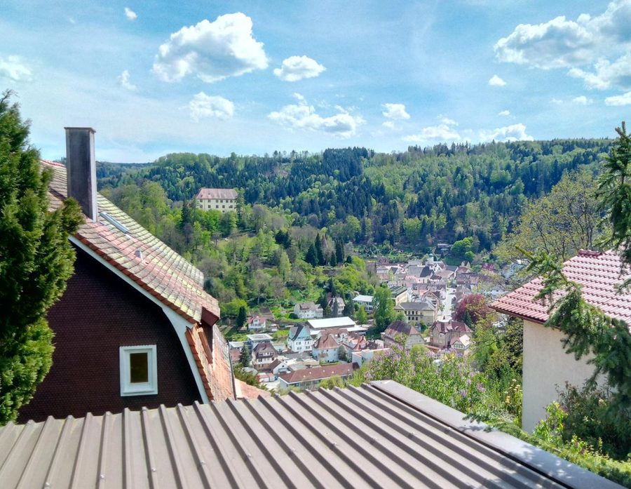 Vista dall’alto del centro di Neuenbürg con il castello e la curva dell’Enz