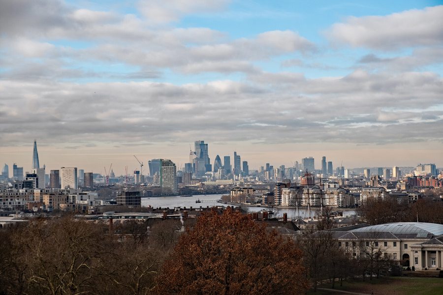 Vista su Greenwich Park e il fiume Tamigi verso il centro di Londra