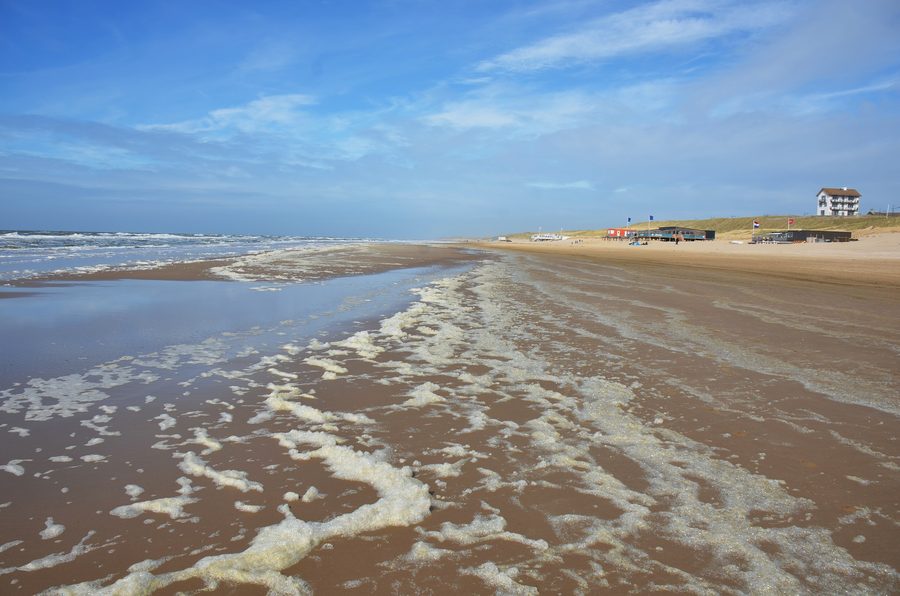Spiaggia del Mare del Nord a Bergen aan Zee con padiglioni sulla spiaggia