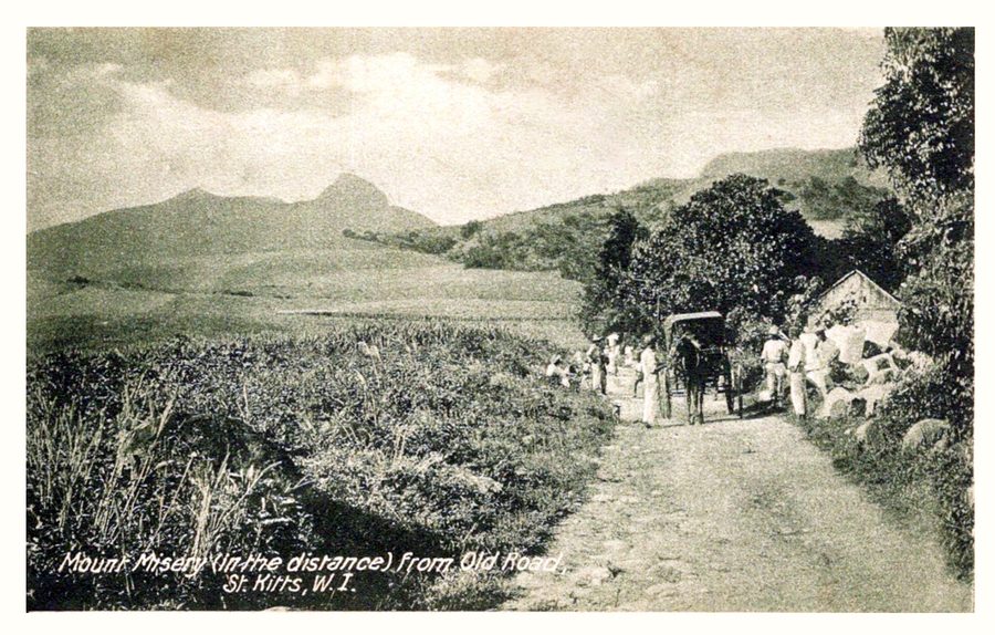 Veduta storica del Mount Liamuiga, allora chiamato Mount Misery, a Saint Kitts.