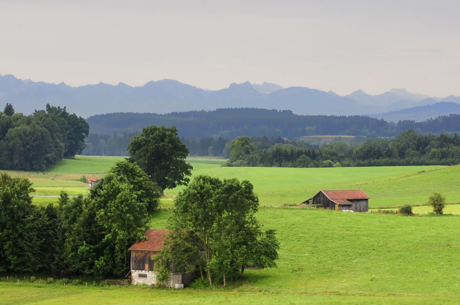 Paesaggio nel Pfaffenwinkel con sentiero e ambiente a vocazione agricola