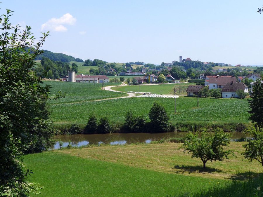 Vista sul Tobrabach verso Arbing con campanile e edifici del castello