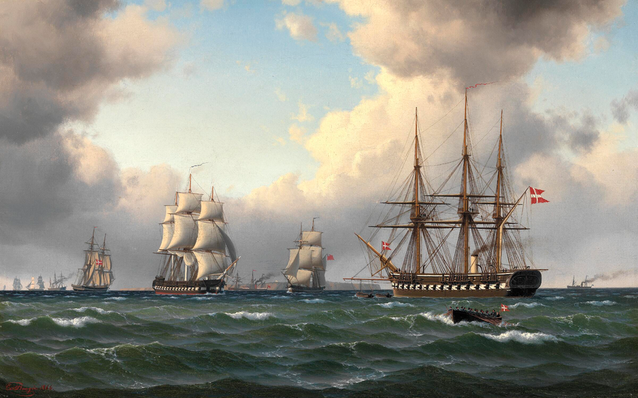 A fresh gale in the Sound off the coast at Vedbæk, with a frigate at anchor