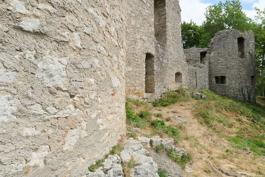 Resti della rovina del castello di Honberg a Tuttlingen su una collina boscosa
