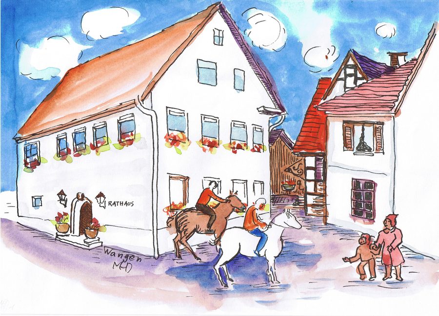 Rappresentazione artistica di Wangen presso Göppingen con cavalli