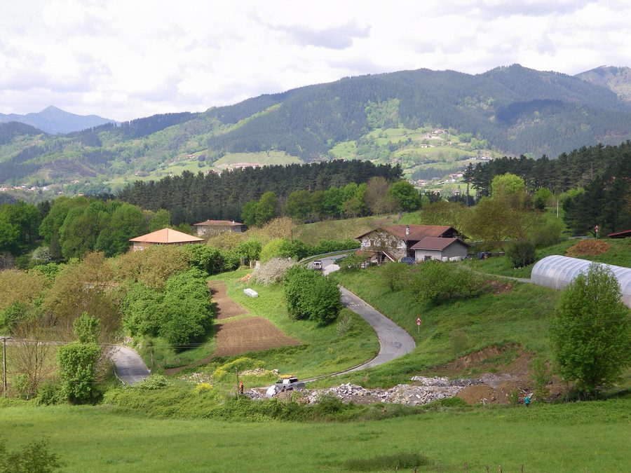 Paesaggio rurale con case coloniche, alberi e prati a Igorre, Bizkaia