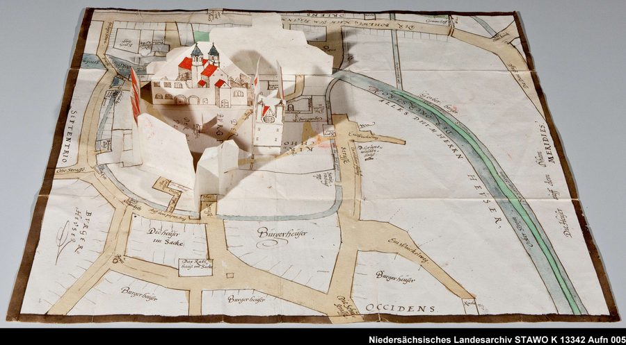 Rappresentazione storica tridimensionale della Burgplatz con il duomo e altri edifici a Braunschweig