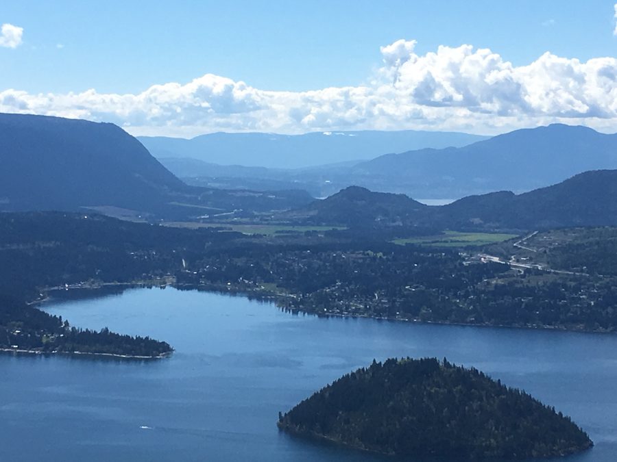 Vista dall’Hlina Lookout vicino a Scotch Creek sul lago Shuswap con Copper Island in primo piano