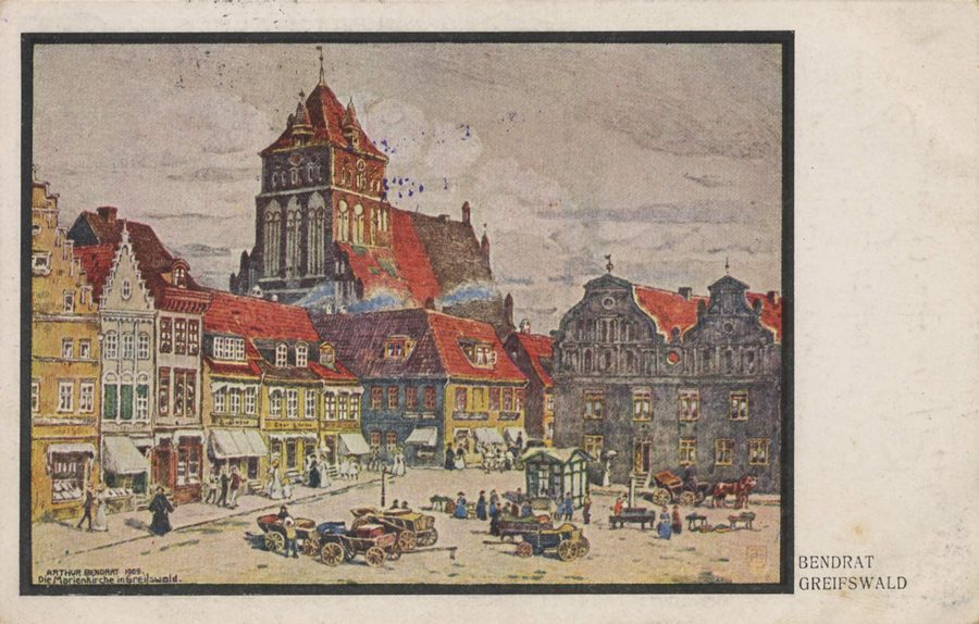 Chiesa di Santa Maria e angolo nord-est della piazza del mercato a Greifswald
