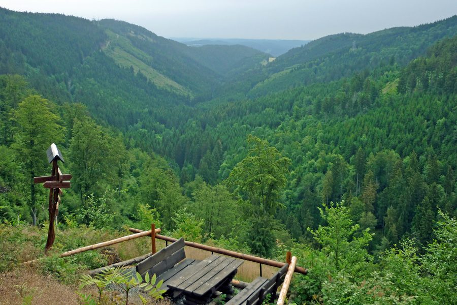 Vista dalla Teufelskanzel presso Piesau nella valle dell'Arnsbach nel Parco naturale dei Monti scistosi della Turingia/Alta Saale